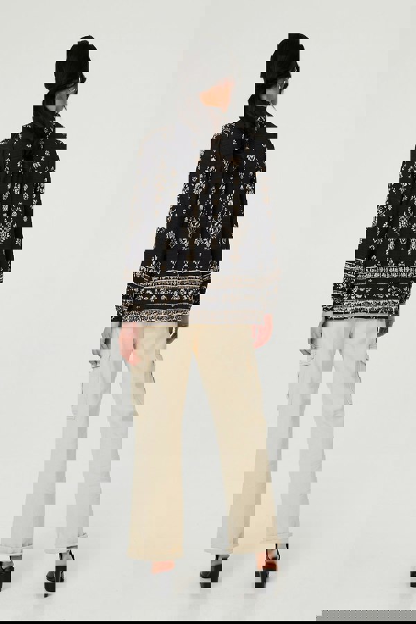 Black | Printed Lace Trim Long Sleeve Blouse
