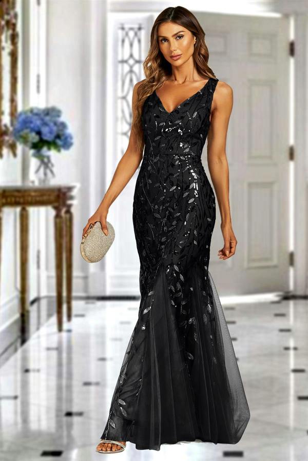 FS Collection Sequin Leaf Detailed V Neck Bridesmaid Maxi Dress In Black