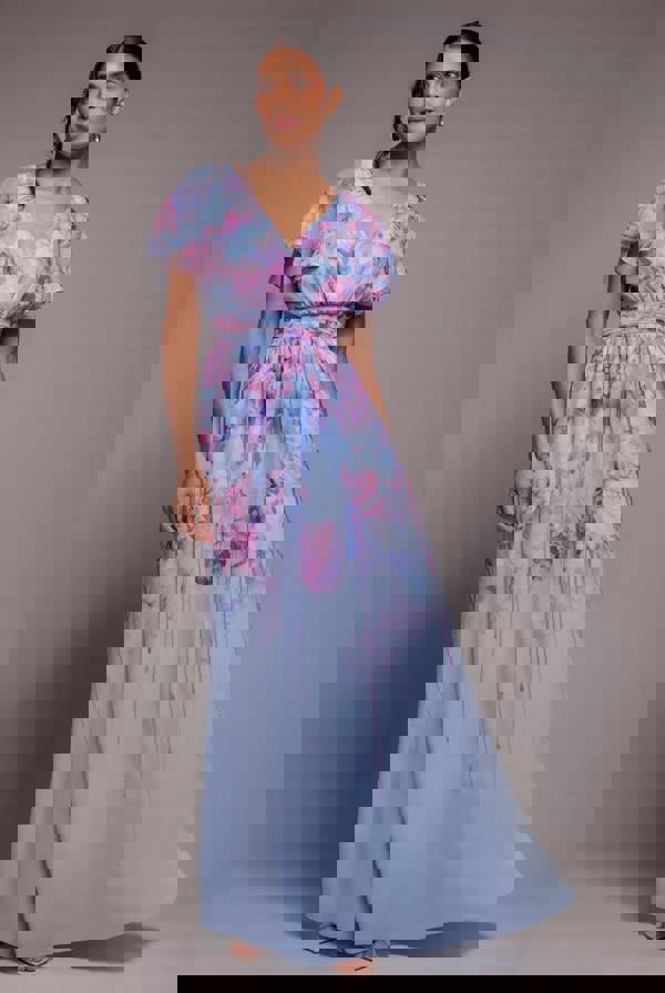 Printed Silky Chiffon Flutter Sleeve Maxi Dress - Blue DR4579