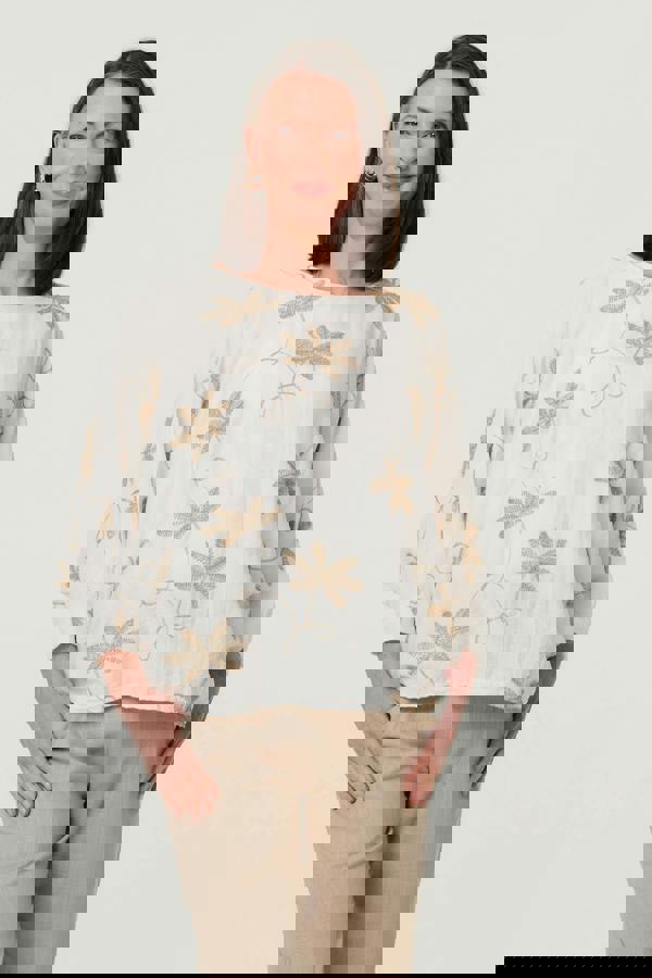 White | Floral Embroidered 3/4 Sleeve Top