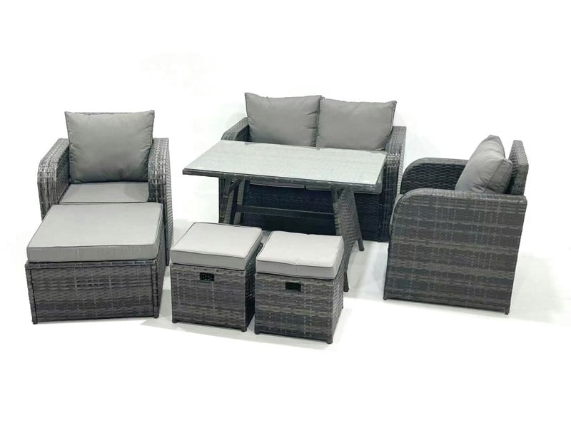 Fimous Outdoor Garden Furniture Set Rattan Sofa Dining Table Set with Reclining Chair 3 Footstool Dark Grey Mixed