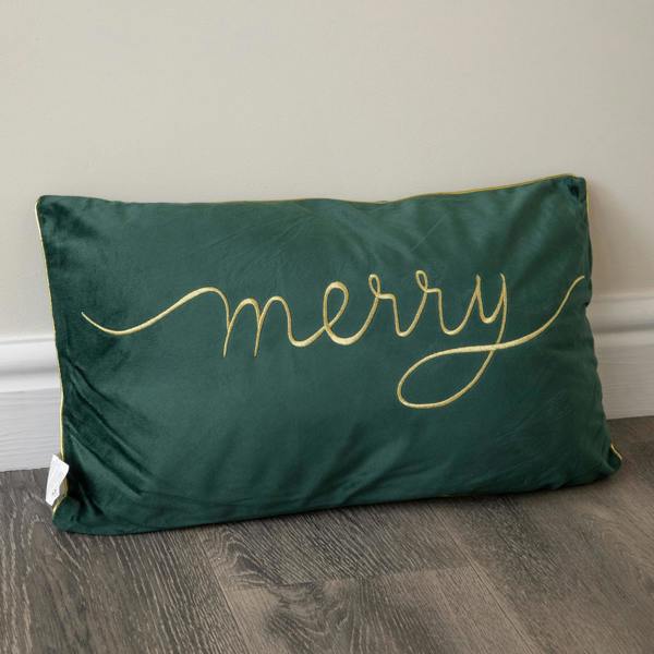 Samuel Alexander 49cm Dark Green Christmas Decorative Merry Cushion with Gold Detail