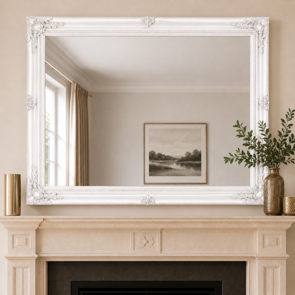 Downton Interiors Antique Style Extra Large White Wood Frame Wall Mirror 106cm x 75cm
