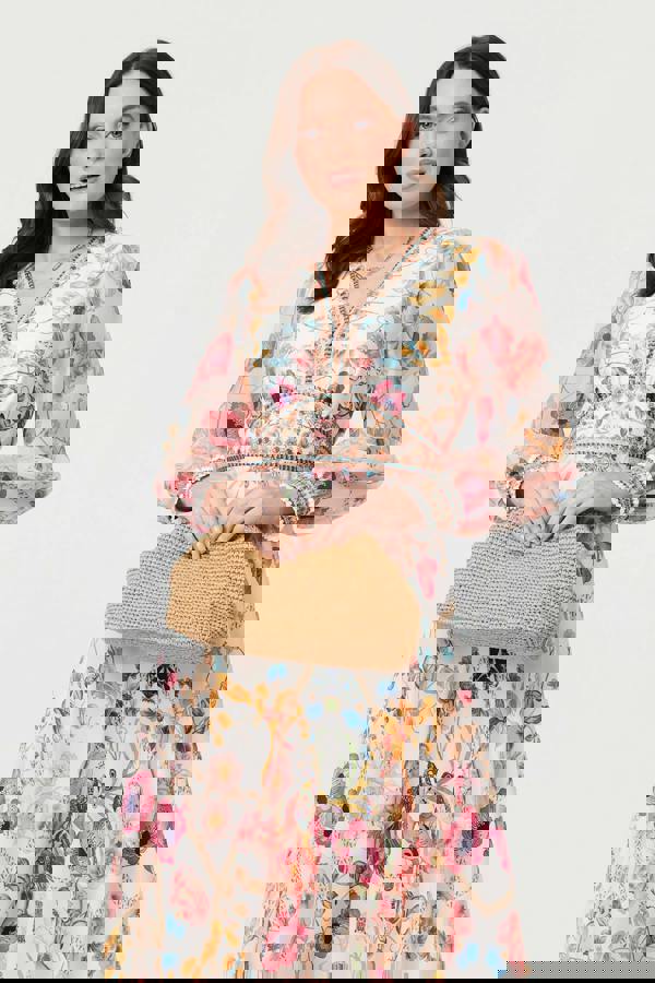 Pink | Floral Border Print V-Neck Maxi Dress