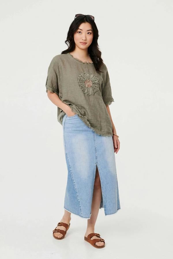 Grey | Frayed Edge Floral Embellished Top