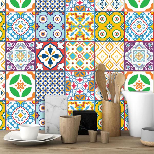 WALPLUS WT1536 - Classic Mediterranean Colourful Mixed Tiles Wall Stickers Set 2 - 15 x 15 cm (6 x 6 inches) - 24 pcs.