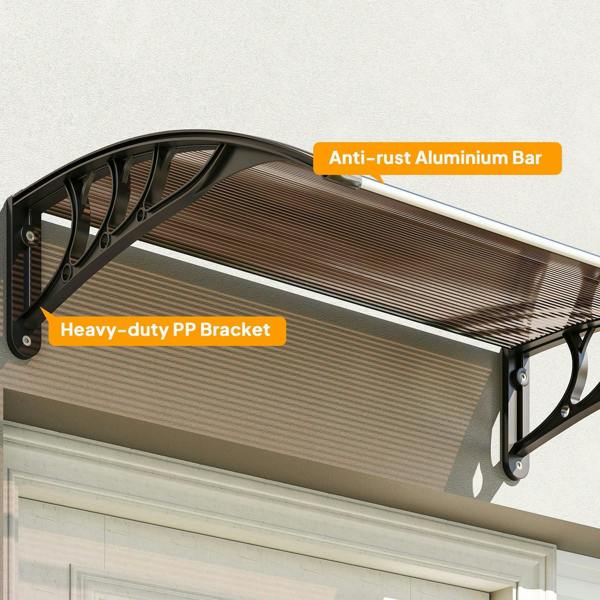 Brown arched canopy awning with black support bar brackets and slatted panel