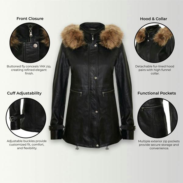 Infinity Leather Womens Leather Hooded Parka Jacket-Putian