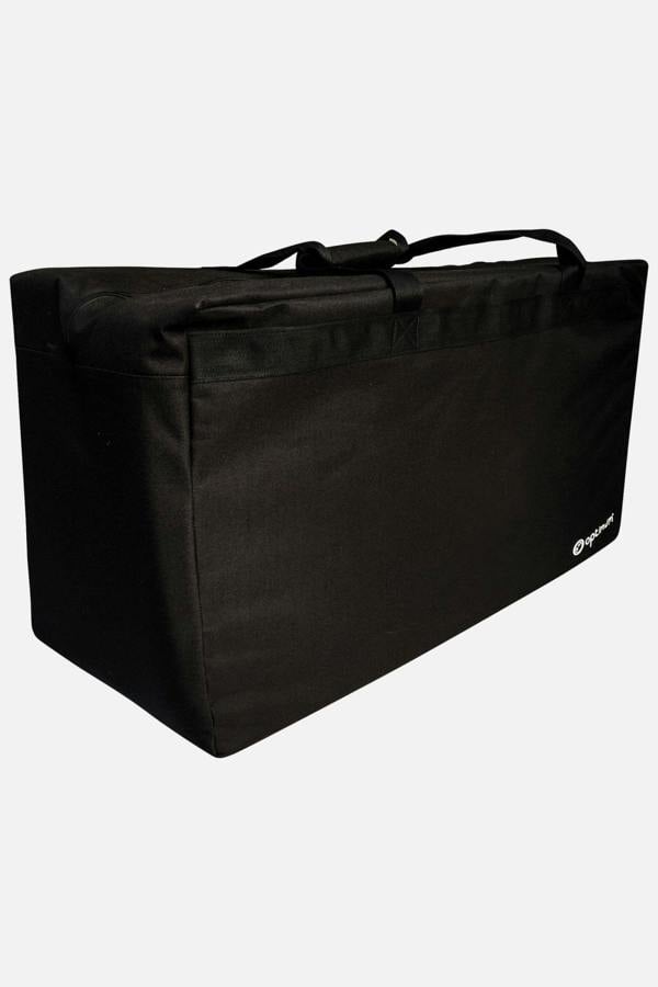 Large black Optimum team kit holdall bag with carry handles and white logo, side view on white - Optimum