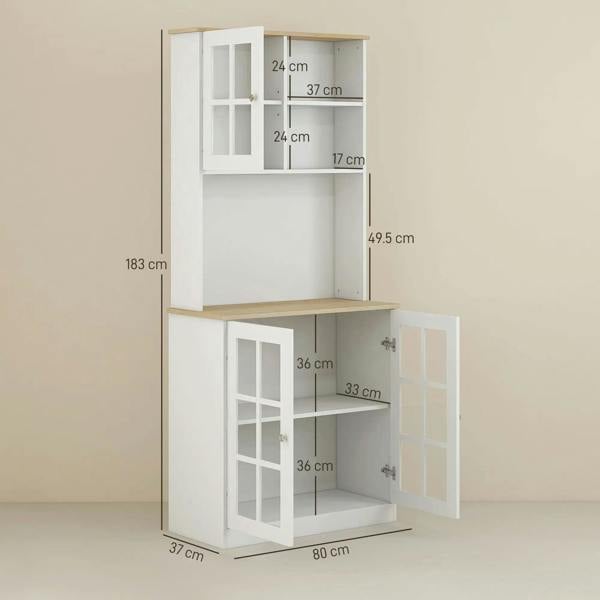 White freestanding kitchen cupboard with open hinged doors and interior shelving