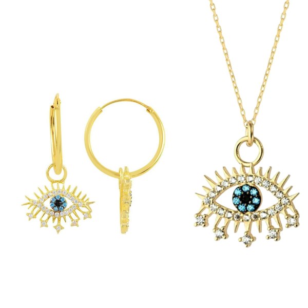 Spero London Evil Eye Earring Blue Eye Sterling Silver Pendant Eyelash Necklace and Earring Set