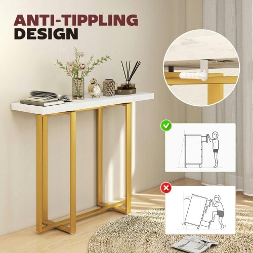 Wyld Haus Larose Metal And Faux Marble White Narrow Console Table With Anti Tip Steel Frame 100 cm