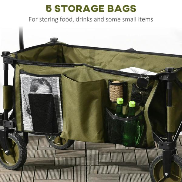 Green utility wagon trolley with multiple side storage bags and mesh pocket panels