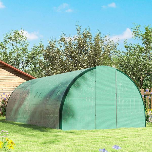 Green 6 x 3 m walk-in polytunnel greenhouse viewed from the side