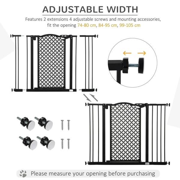 Black pet safety gate with white patterned mesh panel and included mounting screws