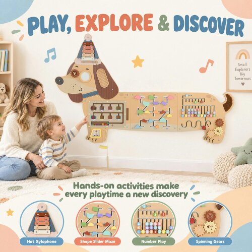 AIYAPLAY Montessori Inspired Busy Board Wooden Dachshund Sensory Wall Panel