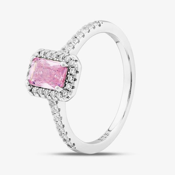 T. H. Baker Sterling Silver Emerald Cut Pink Cubic Zirconia Shoulder Set Cluster Ring S2157P