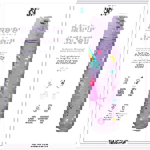 ION8 Leak Proof Slim Water Bottle, Recyclon, Purple Unicorns, 500ml (18oz)