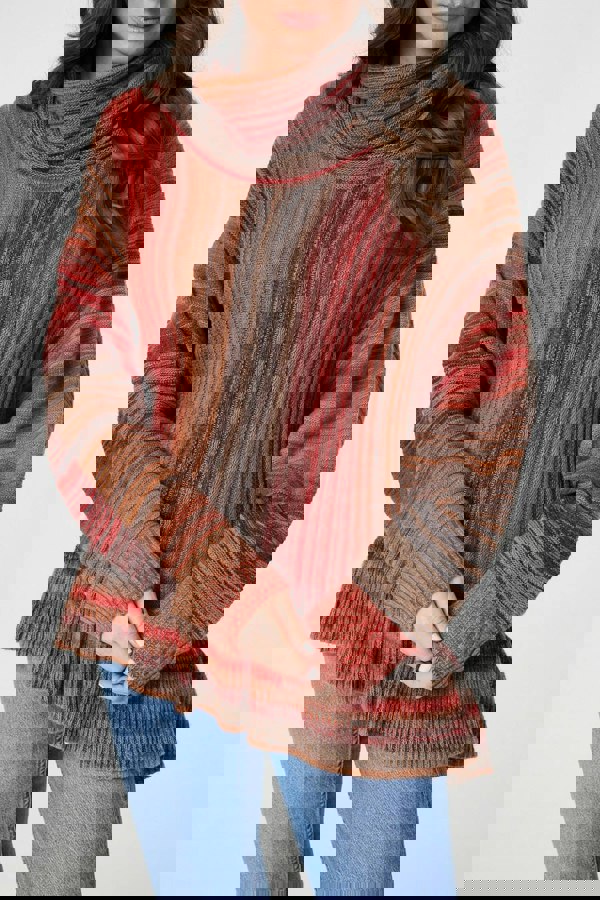 Orange | Striped Oversized Frill Roll Neck Jumper
