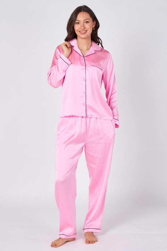Elaina Fashion Women's Pink Satin Pyjama Sleepwear Set with pockets- Long Sleeves Soft - 97% Polyester 3% Elastane - Pink