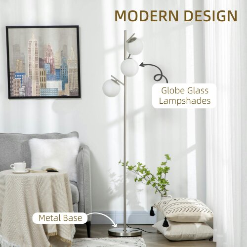 Wyld Haus Moretta Metal Silver 3 Light Tree Floor Lamp With Globe Shades And Steel Base