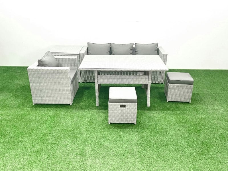 Fimous Rattan Garden Furniture Dining Set 6 Seater Lounge Sofa Chair Dining Table Set with 2 Small Footstools Side Table Light Grey Mixed