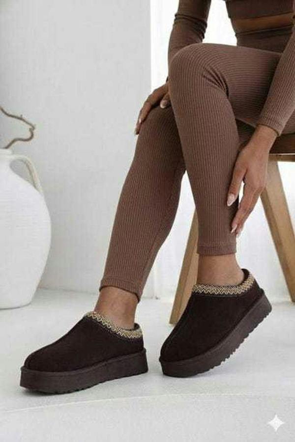 Ravina Chunky Slip On Suede Slippers With Stitch Detail - Brown