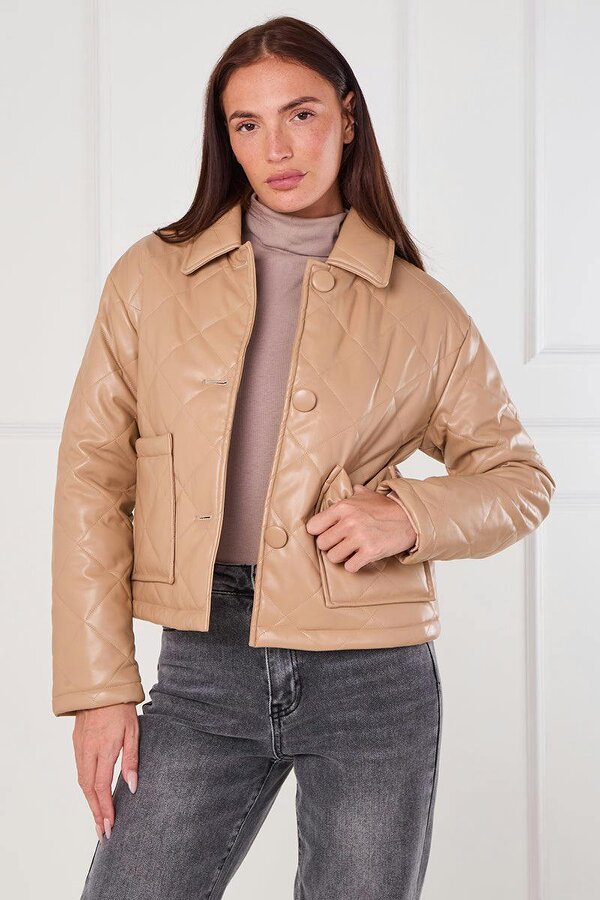 Elaina Fashion Beige Quilted Faux PU Jacket