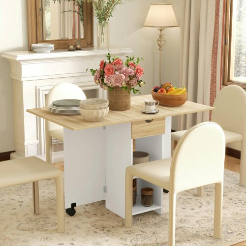 Wyld Haus Coyova Wooden Oak Folding Drop Leaf Dining Table With Drawer And Storage Shelves