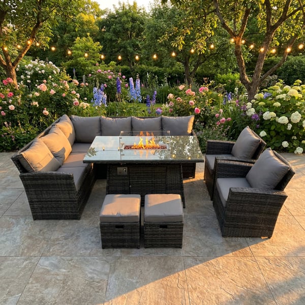 Fimous 10 Seater Rattan High Back Corner Sofa Dining Set with Gas Fire Pit Table, 2 Armchairs & 2 Footstools - Dark Grey