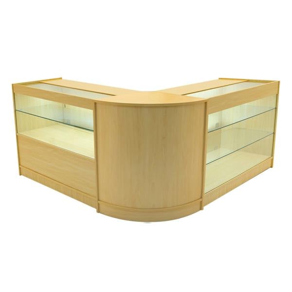 Hera LED Shop Counter Set in maple finish, featuring a modern curved design with glass display shelves and integrated lighting