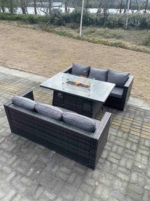 Fimous Rattan Outdoor Garden Furniture Set with 2 Sofas & Gas Firepit Dining Table - 6 Seater - Dark Grey