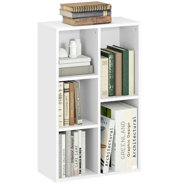 White 2-tier bookshelf with five open compartments, storing upright books.