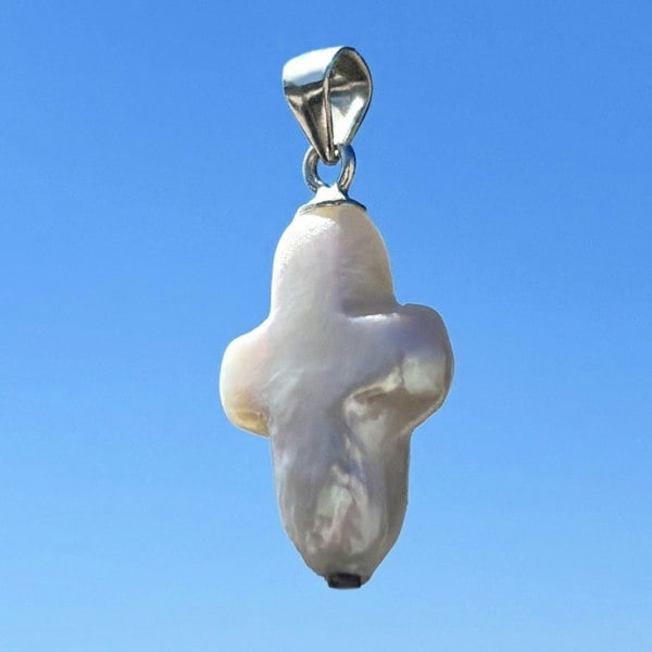 Cross-shaped pearl pendant, stunning one-of-a-kind baroque pearl.