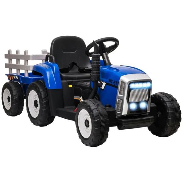 Blue ride-on tractor with front headlights and black seat