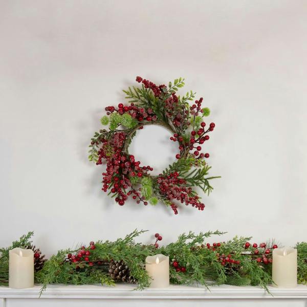 55cm Artificial Green Leaves and Berries Wreath for Front Door Hanging Decoration image 1