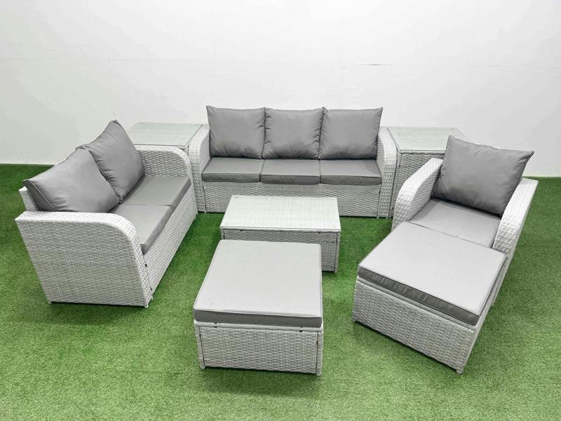 Fimous 8 Seater Lounge Set, PE Wicker Rattan, Coffee Table, Reclining Chair, Loveseat, 3 Seater Sofa, 2 Big Footstools and 2 Side Tables, Light Grey