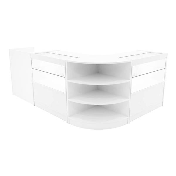Curved white LED shop counter set featuring sleek glass display sections and spacious shelves for organized merchandise presentation
