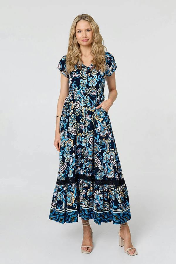 Blue | Floral Lace Trim Cap Sleeved Maxi Dress