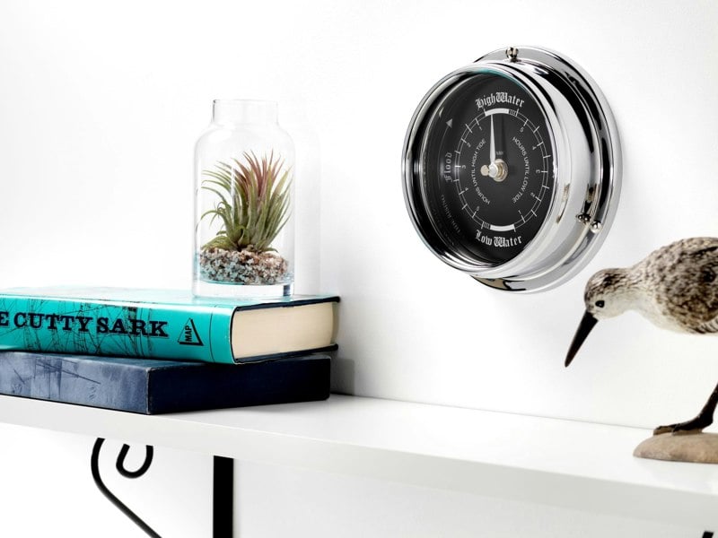 Handmade Prestige Tide Clock in Chrome With A Jet Black Dial created with a mirrored backdrop - TABIC CLOCKS