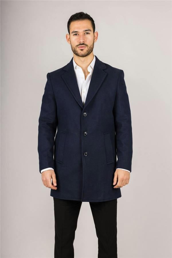 Infinity Leather Men's Notched Lapel Collar Wool Blend Navy Overcoat