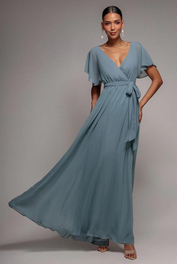 Chiffon Flutter Sleeve Wrap Maxi Dress - Dusty Blue DR2486