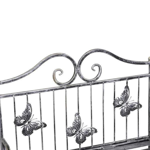 Silver metal plant stand top rail scrollwork with three butterfly ornaments