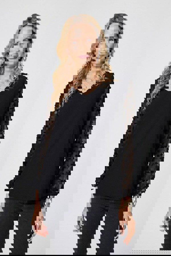 Black | Polka Dot Semi Sheer V-Neck Blouse