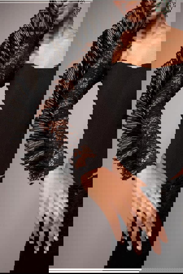 One Shoulder Fan Pleat Frill Corset Top - Black T232