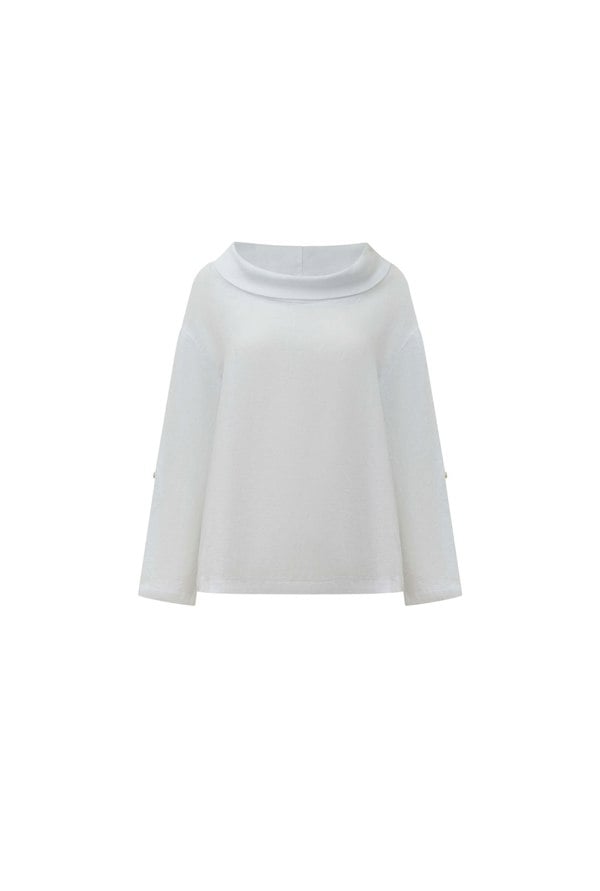 White linen top with draped cowl neckline