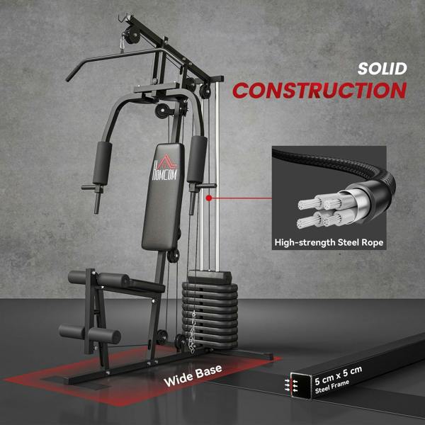 Black home gym machine with high-strength steel rope, wide base, and stacked weight system