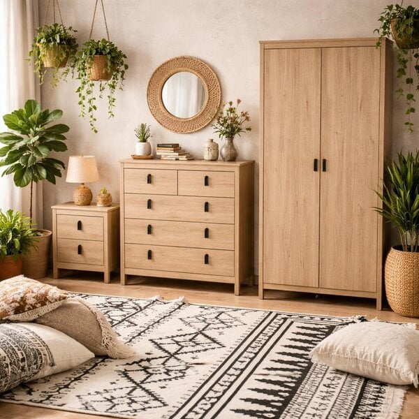 Wyld Haus Wildberry Bedroom Furniture Set - Bedside Table 2 Drawers + Chest 5 Drawers + 2 Door Wardrobe in Jackson Hickory Oak