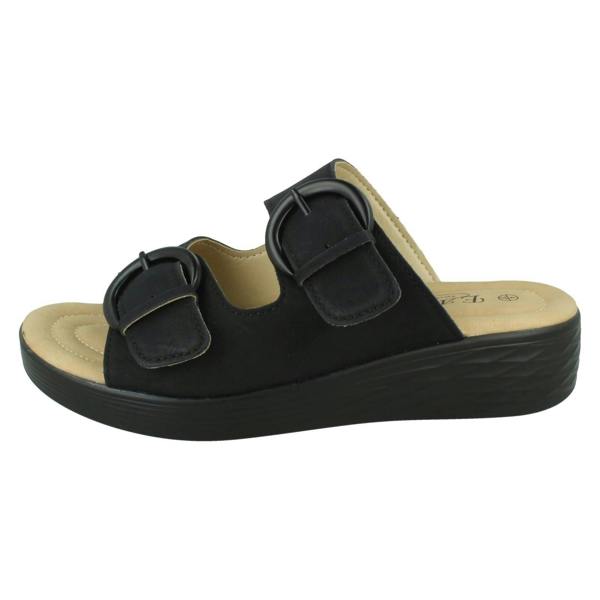 Eaze Ladies Eaze Low Wedge Mule Sandal with Twin Buckle Strap F12077