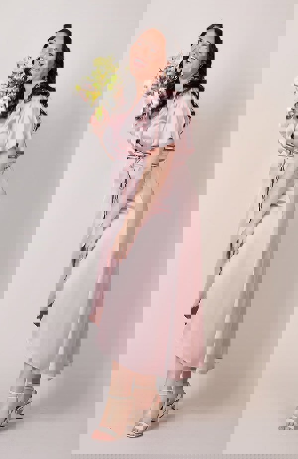 Rewritten London Florence Waterfall Dress in Rose Pink Satin